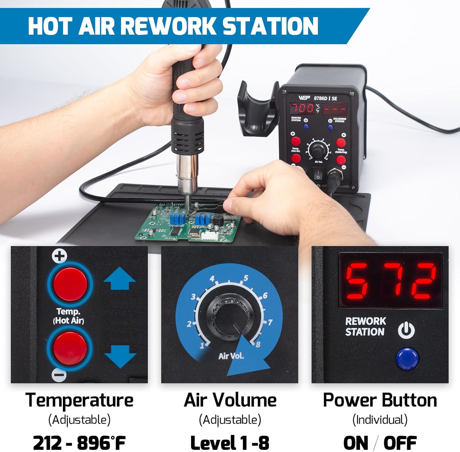 WEP 8786D-I SE Hot Air Soldering Iron Station Kit 2-IN-1 for Rework, Desoldering with Lead-Free Solder Wire, 5 Soldering Tips, 3 Hot Air Nozzles,Tweezers, Desoldering Pump