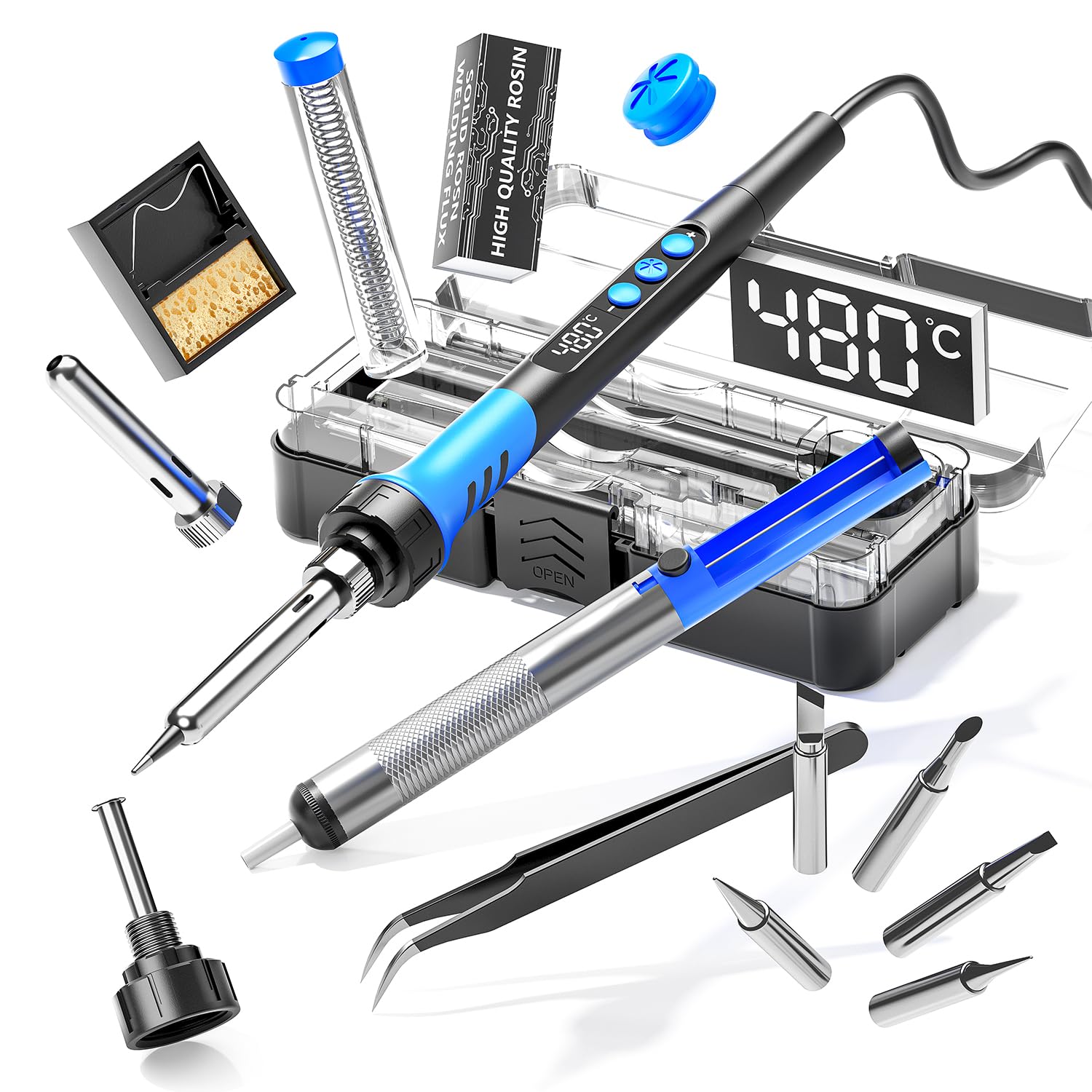 Soldering Iron Kit, 90W 110V LCD digital soldering gun，12-in-1 Soldering Iron Kit Tool，Temperature adjustable from 180-480°C，5 soldering tips，soldering wire，soldering paste，soldering pump