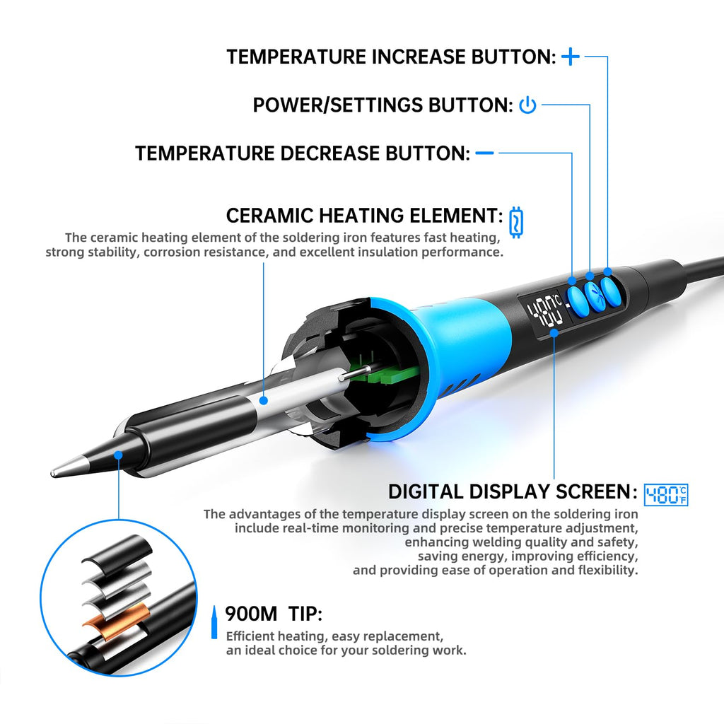 Soldering Iron Kit, 90W 110V LCD digital soldering gun，12-in-1 Soldering Iron Kit Tool，Temperature adjustable from 180-480°C，5 soldering tips，soldering wire，soldering paste，soldering pump