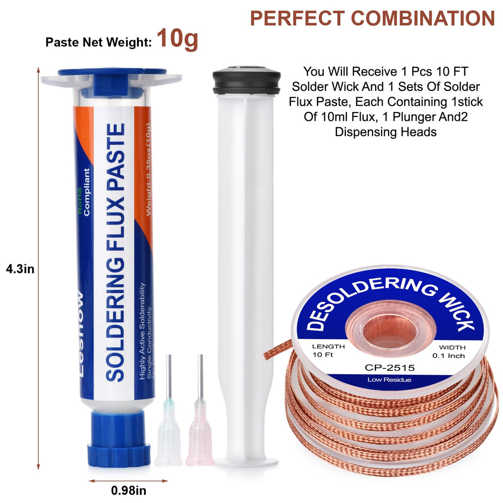 Solder Wick Braid And Solder Flux Paste, No Clean Soldering Flux(10cc) Soldering Remover Tool, 10ft Desoldering Wick Braid For Electronics Repair For Disassemble Electrical Components