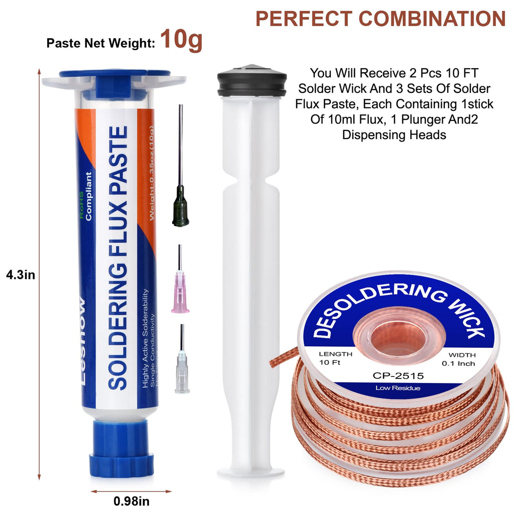 Solder Wick Braid And Solder Flux Paste, No Clean Soldering Flux(10cc) Soldering Remover Tool, 10ft Desoldering Wick Braid For Electronics Repair For Disassemble Electrical Components