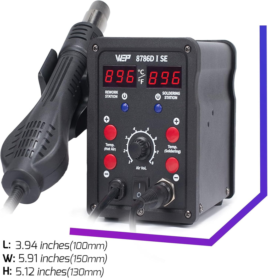 WEP 8786D-I SE Hot Air Soldering Iron Station Kit 2-IN-1 for Rework, Desoldering with Lead-Free Solder Wire, 5 Soldering Tips, 3 Hot Air Nozzles,Tweezers, Desoldering Pump
