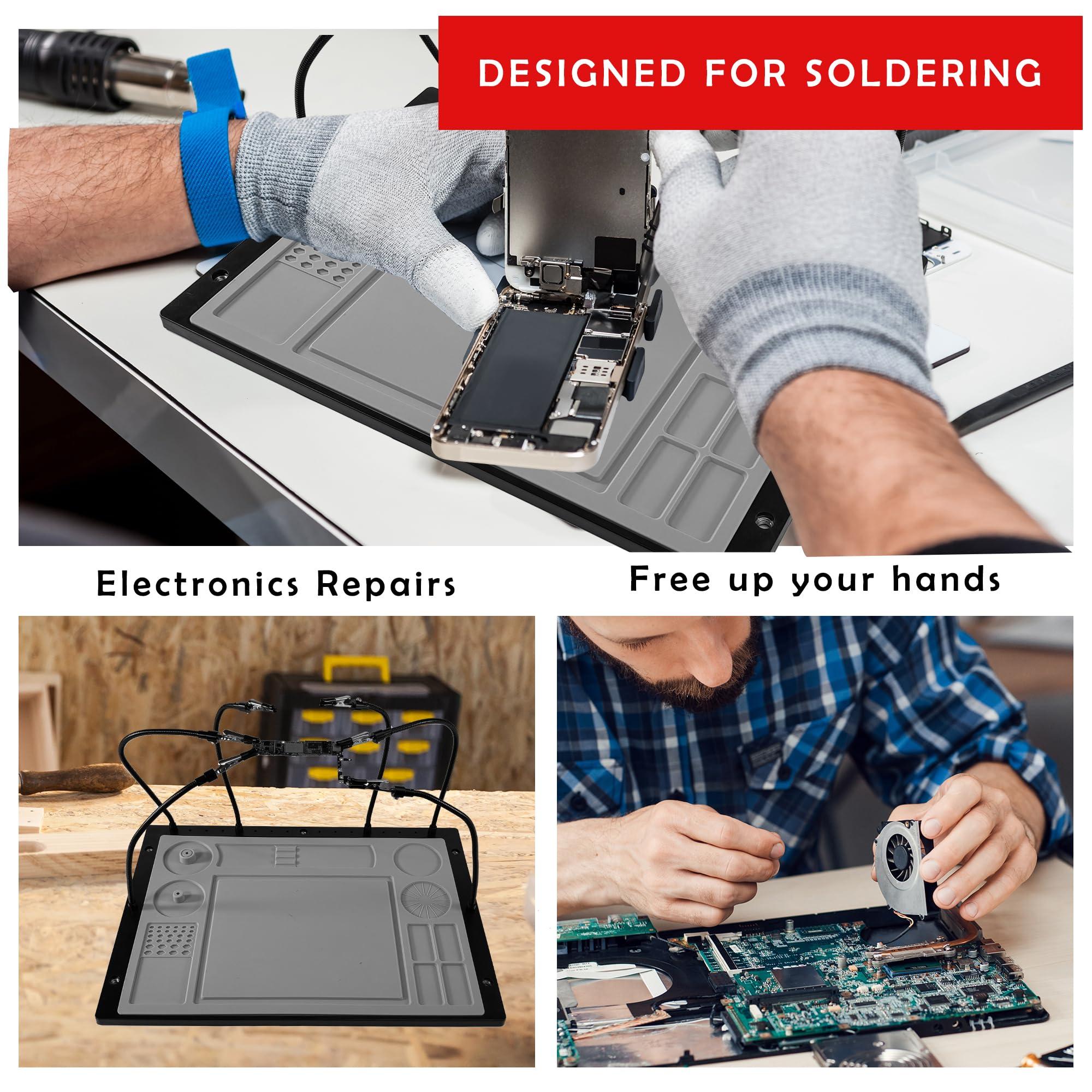 2-in-1 Helping Hands Soldering Kit, Helping Hands Soldering Station with Silicone Soldering Mat, 6 Flexible Metal Arms Third Hand Soldering Tool for Electronic Repair Soldering Assembly Jewelry Crafts