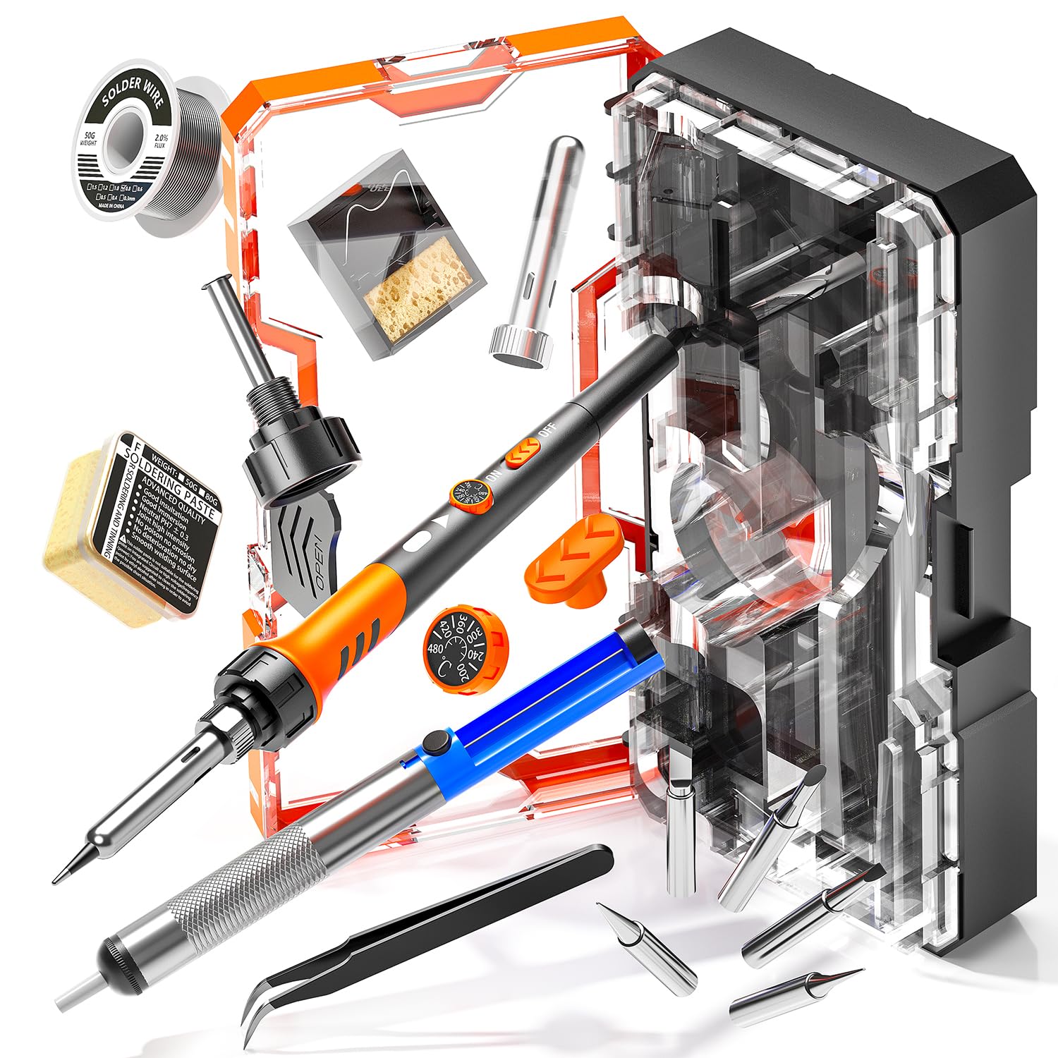 Soldering Iron Kit, 90W 110V LCD digital soldering gun，12-in-1 Soldering Iron Kit Tool，Temperature adjustable from 180-480°C，5 soldering tips，soldering wire，soldering paste，soldering pump