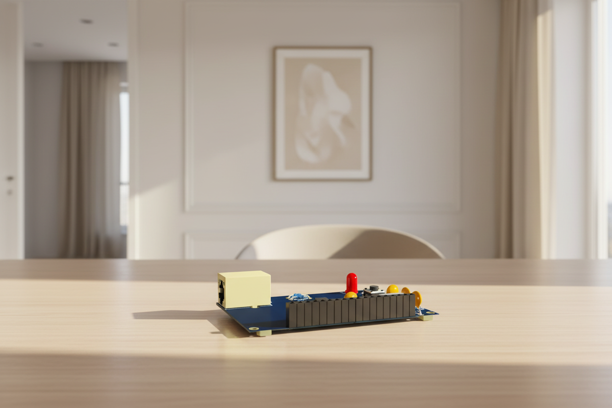 3D rendering of an electronic circuit board with components on a gray background