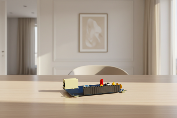 3D rendering of an electronic circuit board with components on a gray background